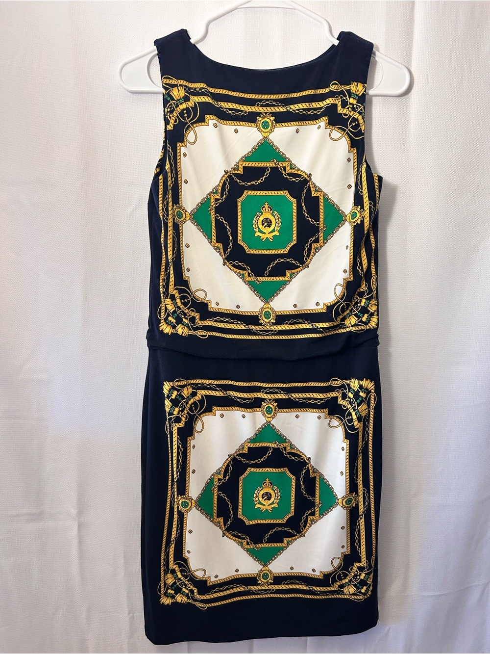 Lauren Ralph Lauren Navy Midi Dress with Green & Gold Scarf Motif - Picture 6 of 8